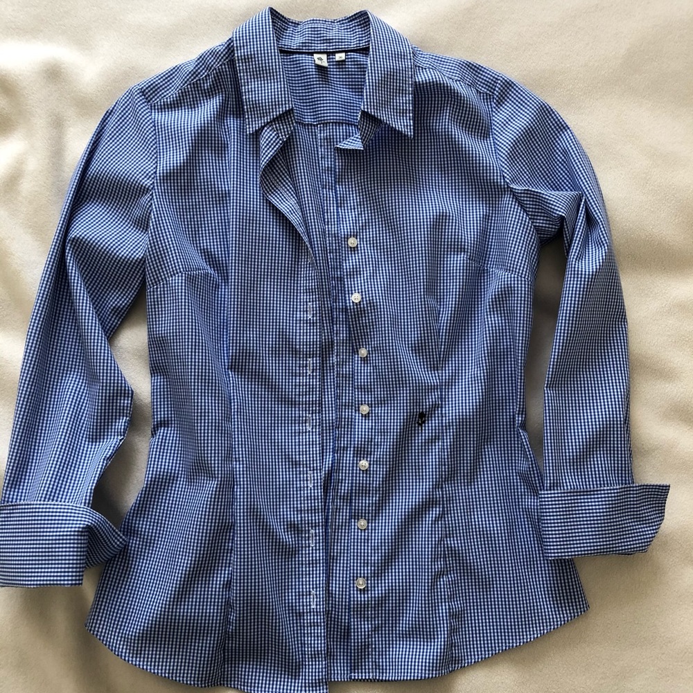 Blouse (tailored) blue and white chequered. Long sleeve blouse worn.